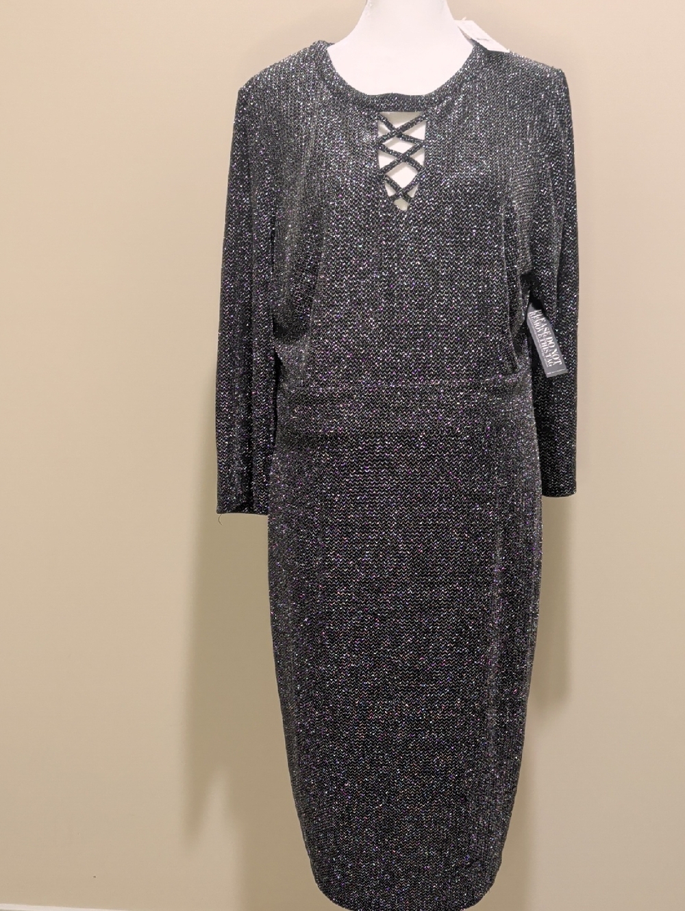 NWT New York & Company Black Sparkle Criss Cross Neckline Midi Dress
